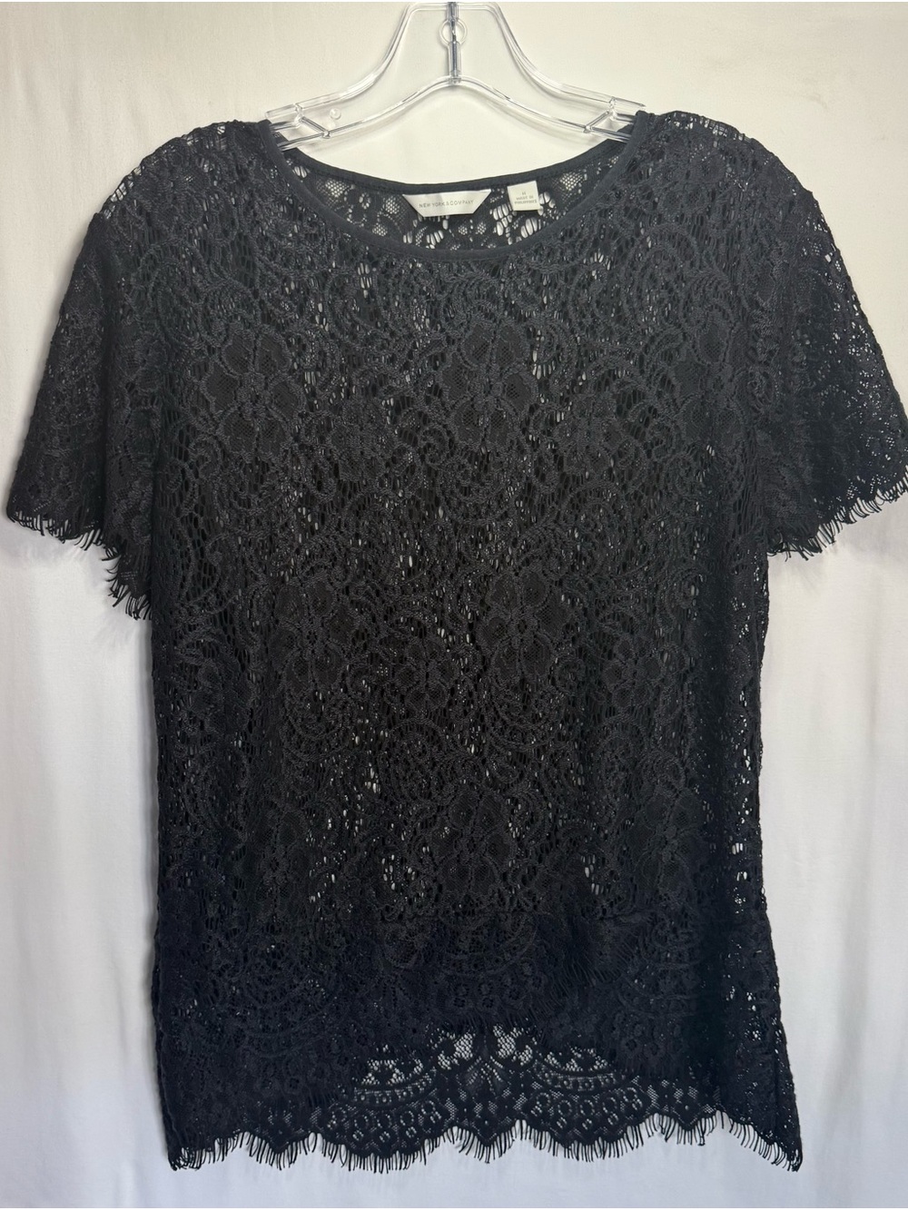 New York & Company Black Lace Short Sleeve Blouse
